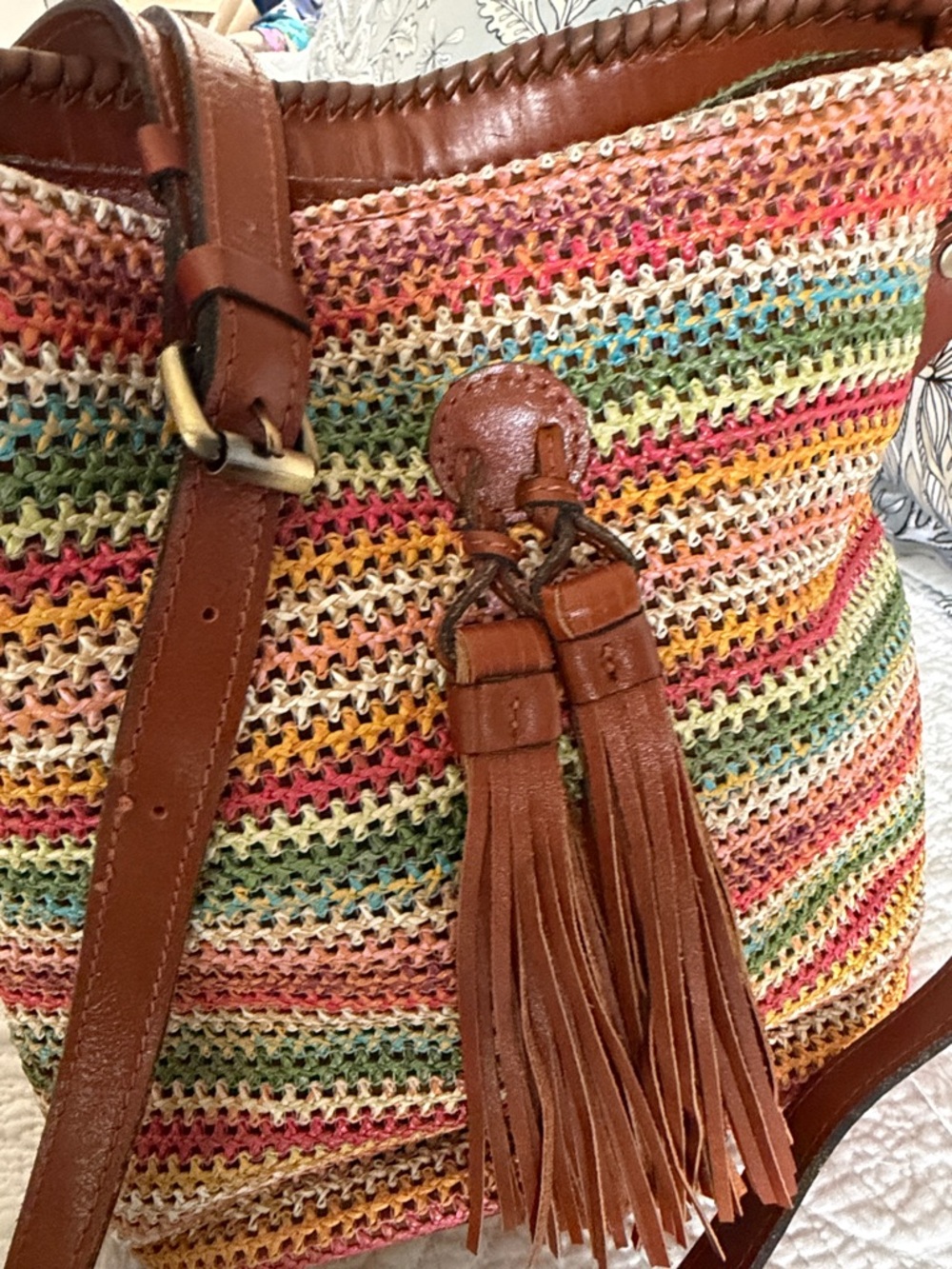 Patricia Nash Leather-Trim Multicolor Crochet Bucket Bag - Brown - Picture 3 of 12